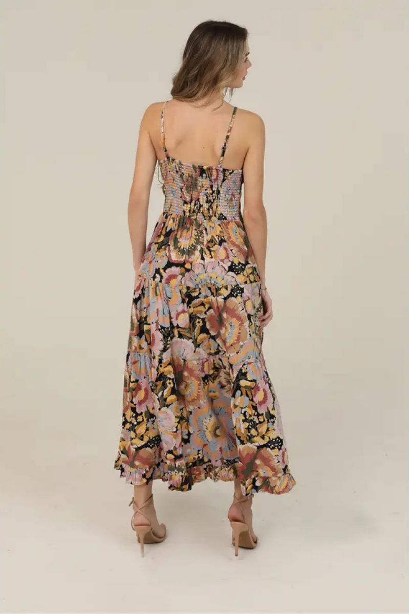 Floral Tie Bust Maxi Dress with Side Slit