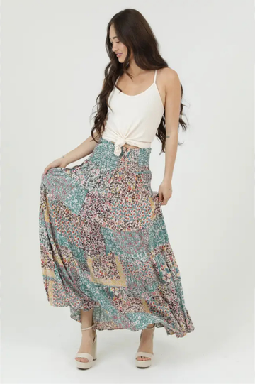 Smocked Patchwork Print Tiered Maxi Skirt