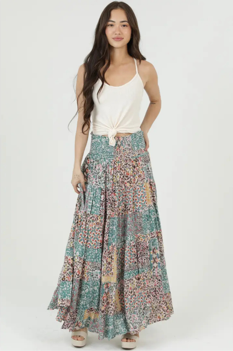 Smocked Patchwork Print Tiered Maxi Skirt