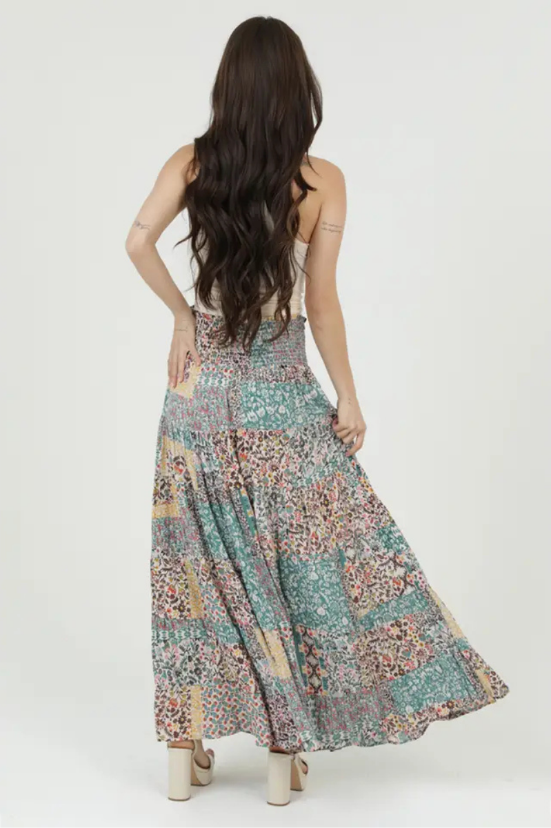 Smocked Patchwork Print Tiered Maxi Skirt