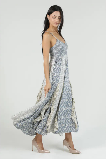 Mixed Print Godet Ruffle Maxi Dress