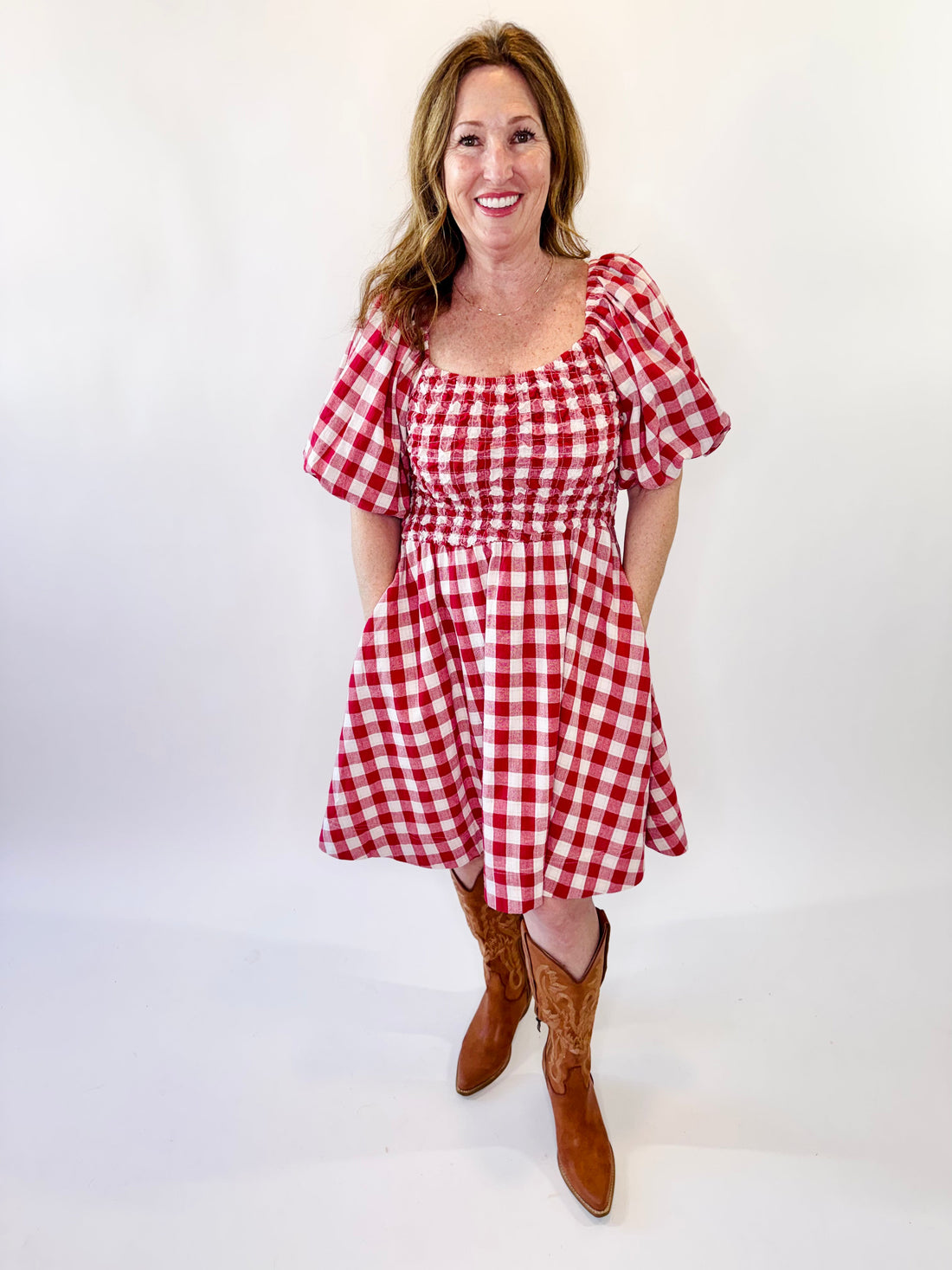 Bubble Sleeve Gingham Pattern Mini Dress