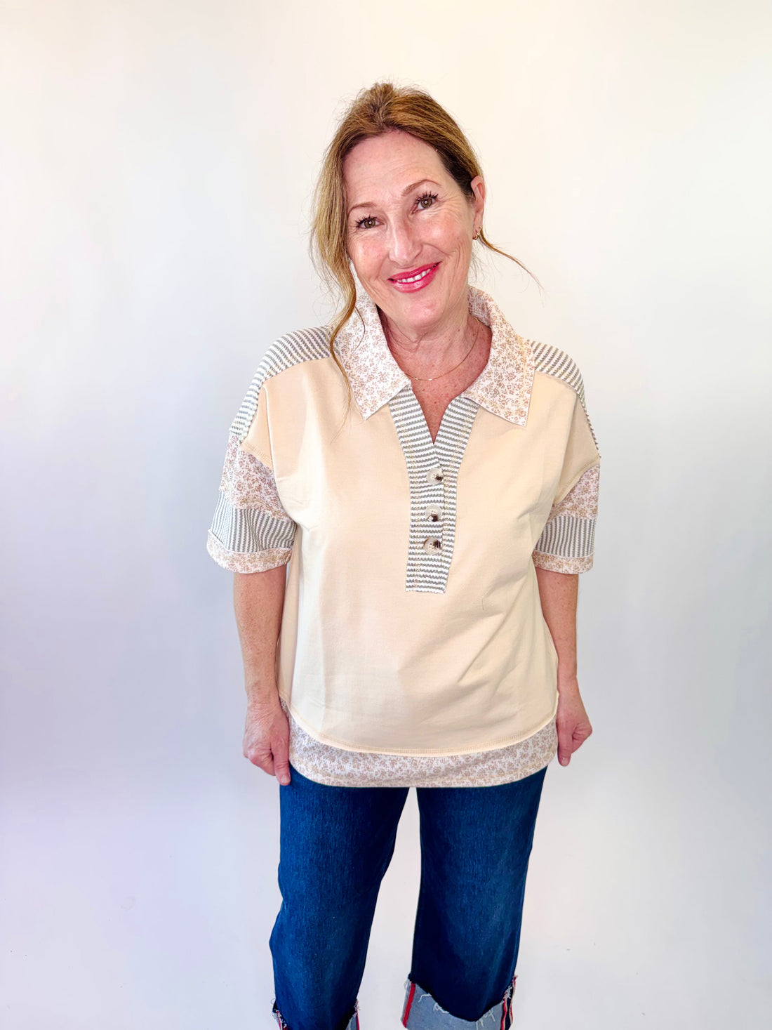 Oversized Half Button Down Collared Knit Top