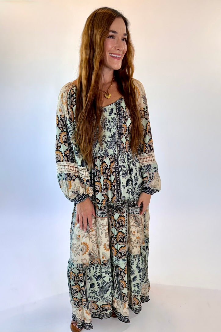 Long Sleeve Floral Motif Maxi Dress