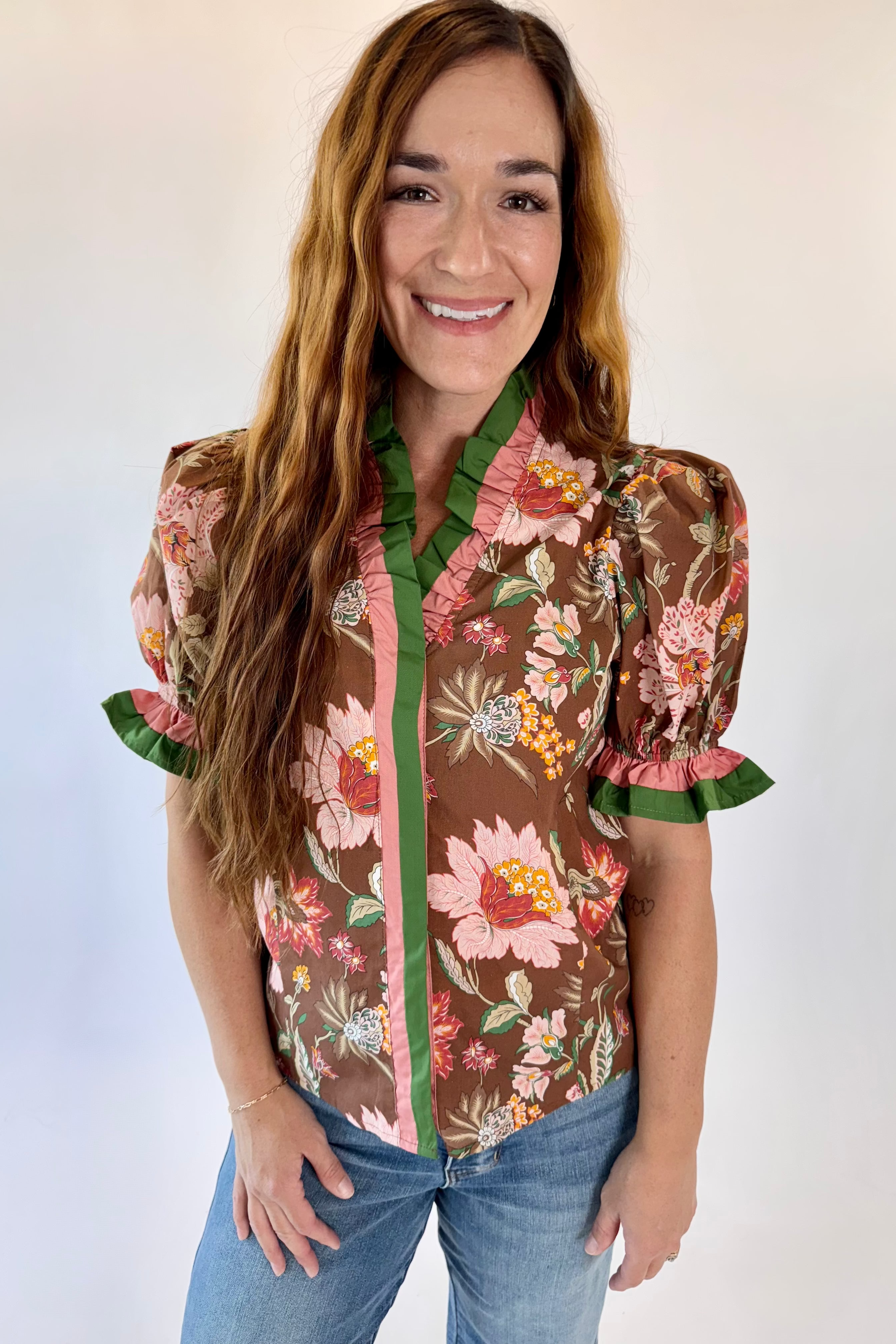 Garden Party Ruffle Trim Puff Sleeve Blouse
