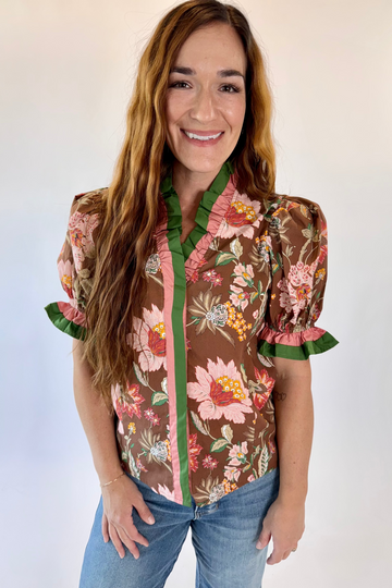 Garden Party Ruffle Trim Puff Sleeve Blouse