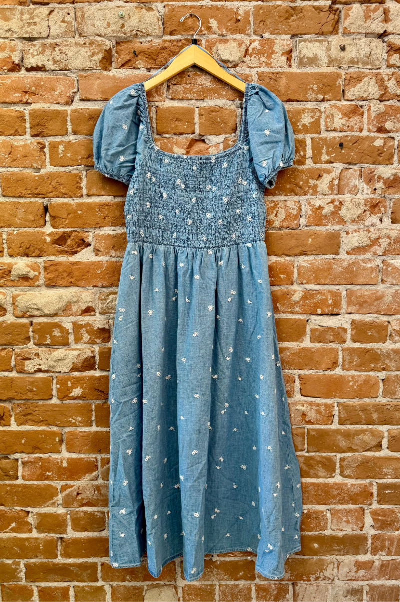 Floral Embroidery Smocked Denim Midi Dress
