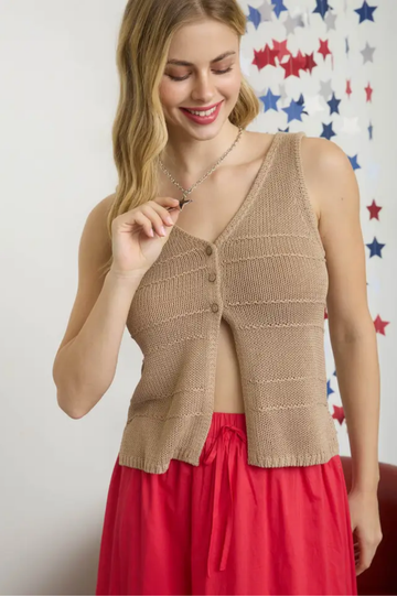 Button Detail Split Hem Crochet Knit Vest