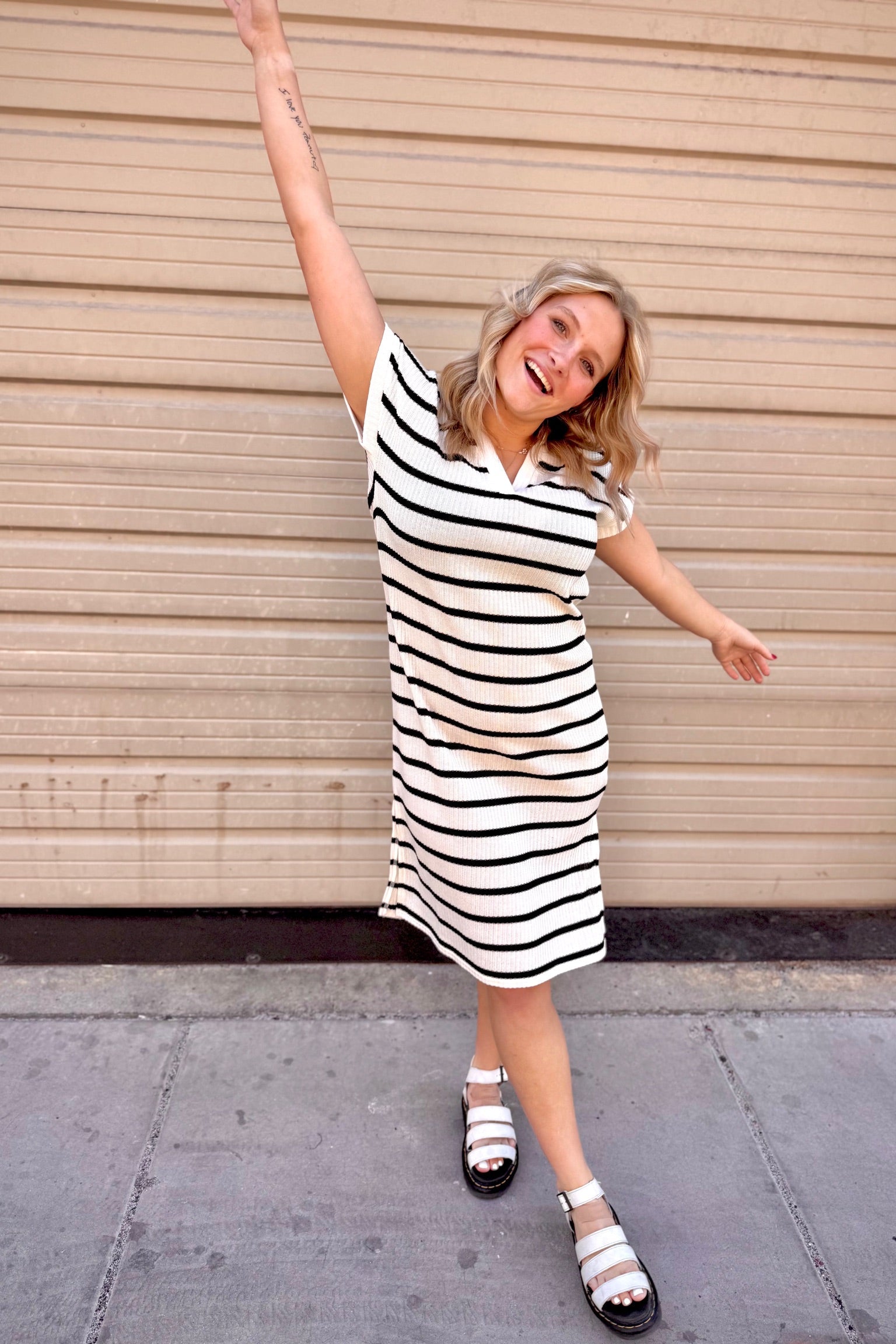 Collared Striped Knit Midi Dress