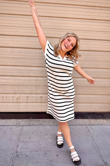 Collared Striped Knit Midi Dress