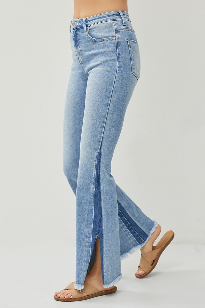 RISEN High Rise Flare Denim + Side Shadow Seam | Medium Wash