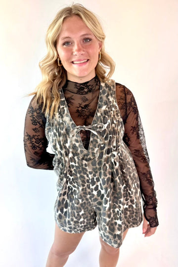 Leopard Print Sleeveless Denim Romper