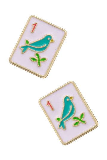 Sparrow Mahjong Tile Stud Earrings in White