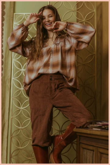 Plaid Collared Peasant Blouse