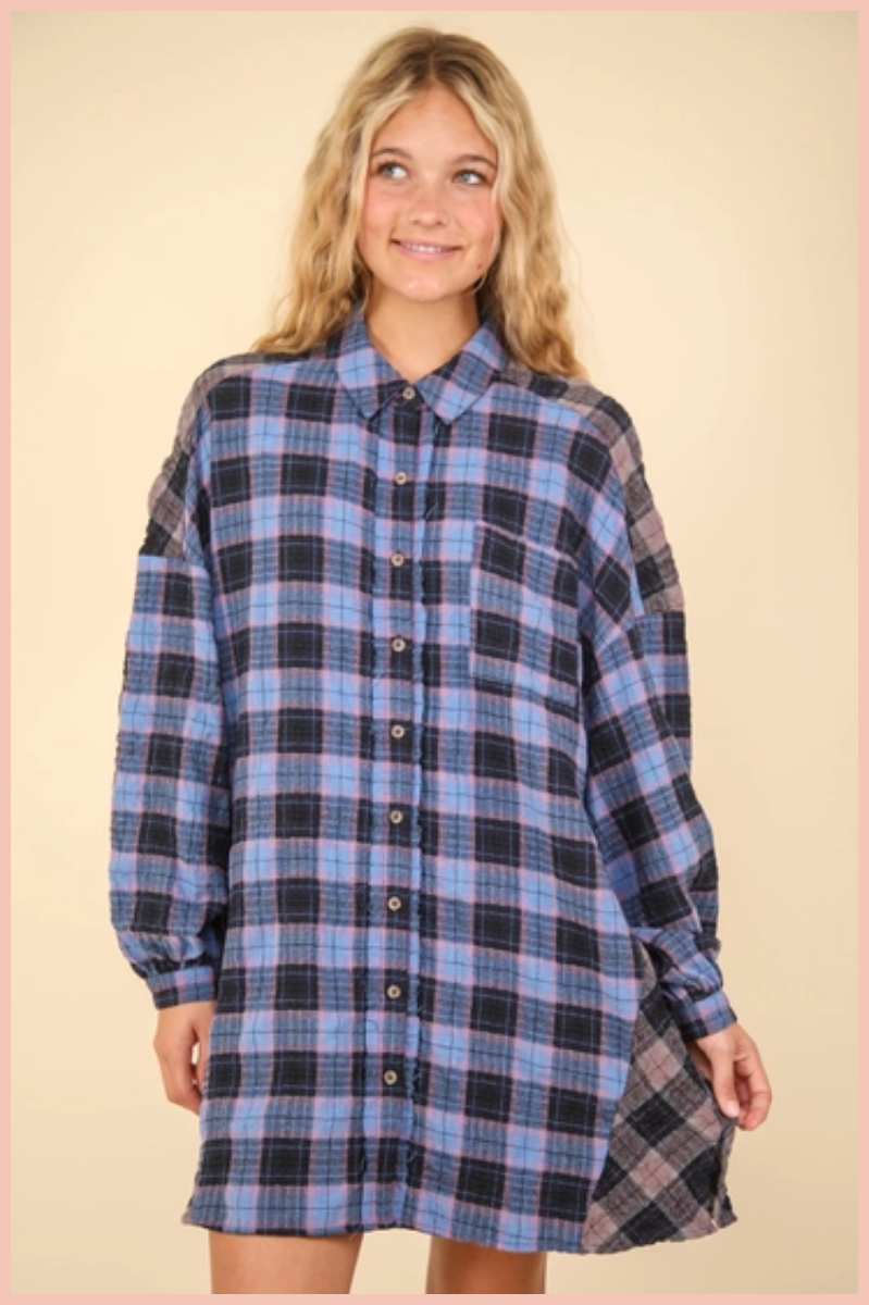 Contrast Plaid Casual Shirt Dress | Final Sale