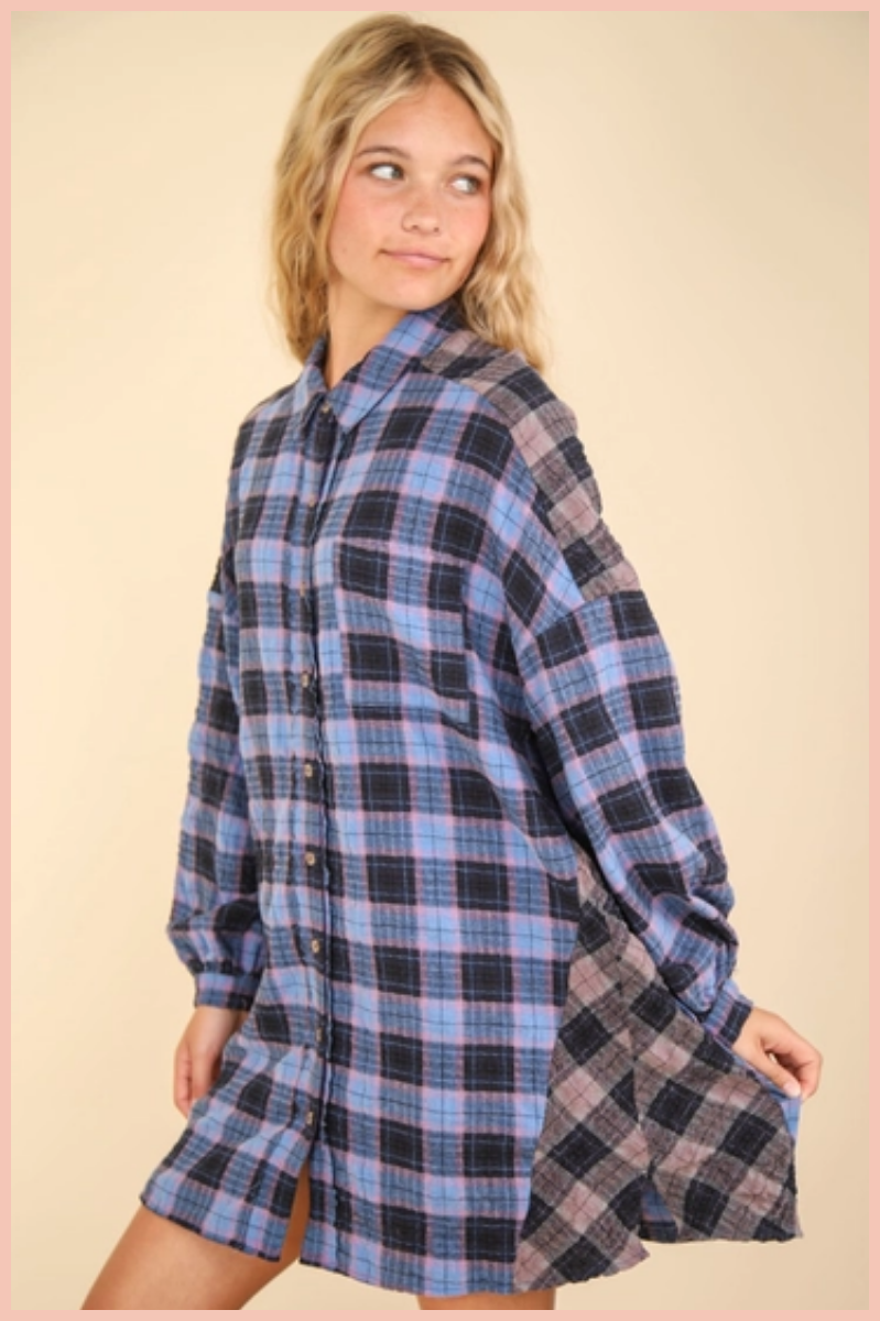 Contrast Plaid Casual Shirt Dress | Final Sale