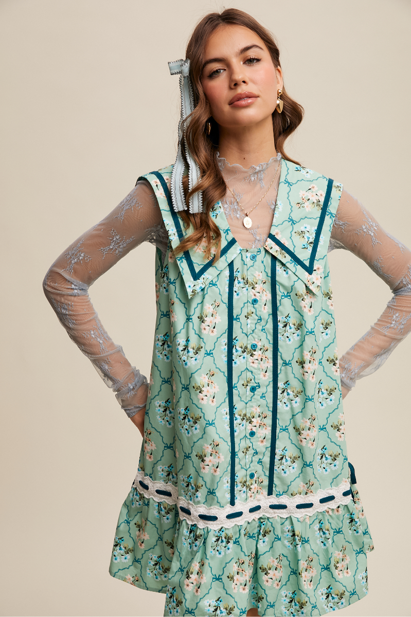Floral Button Front Collard Dress + Lace Trim | Final Sale