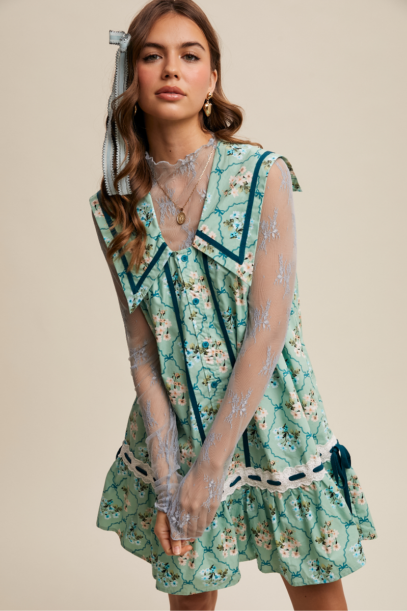 Floral Button Front Collard Dress + Lace Trim | Final Sale