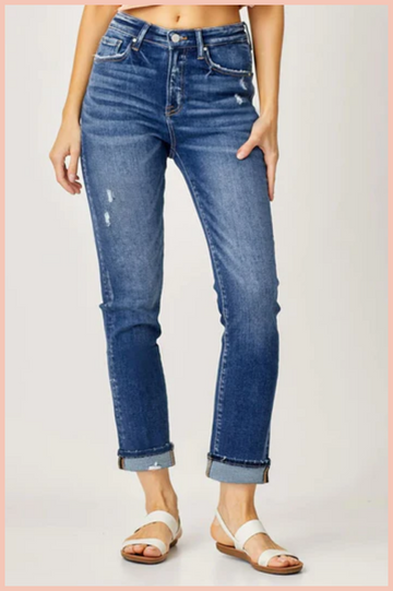 RISEN Mid Rise Cuffed Straight Denim