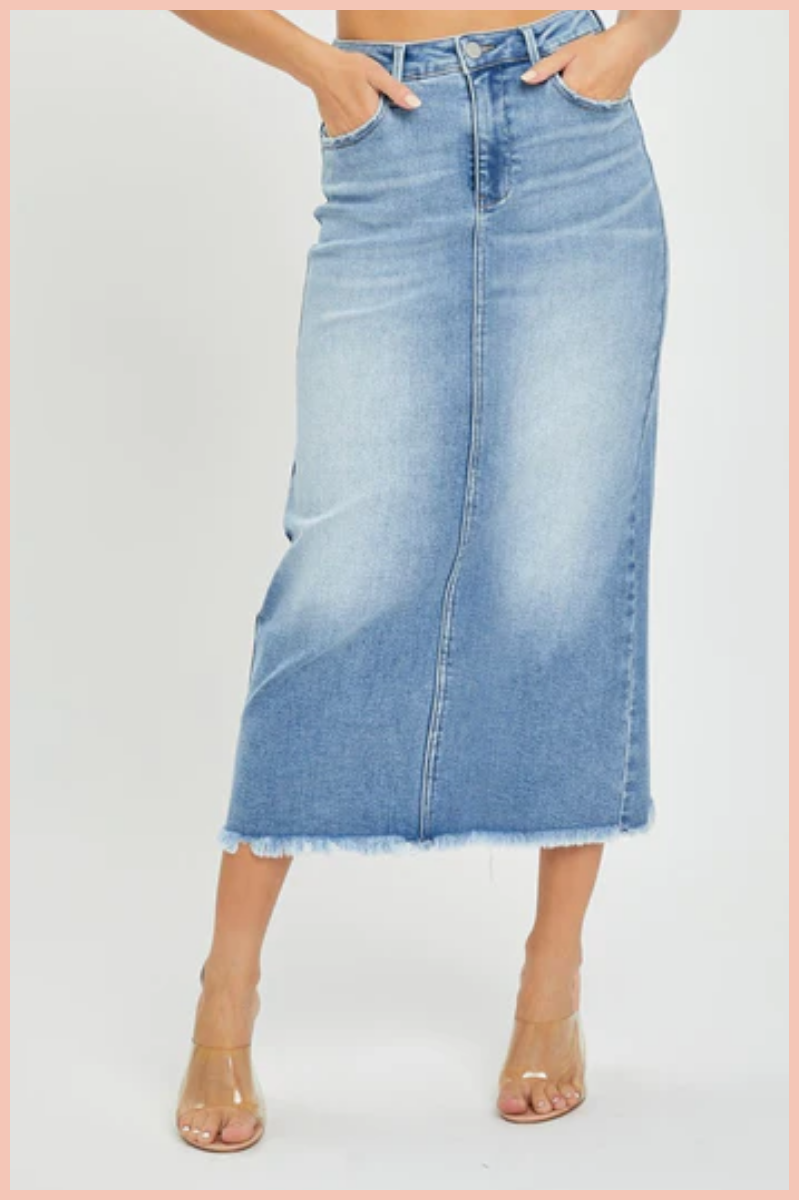 RISEN Long Frayed Denim Pencil Skirt