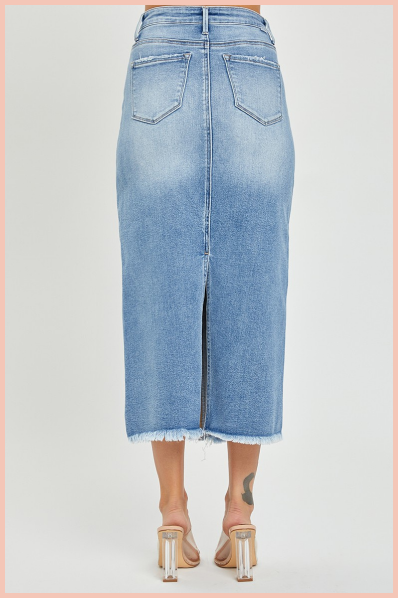 RISEN Long Frayed Denim Pencil Skirt