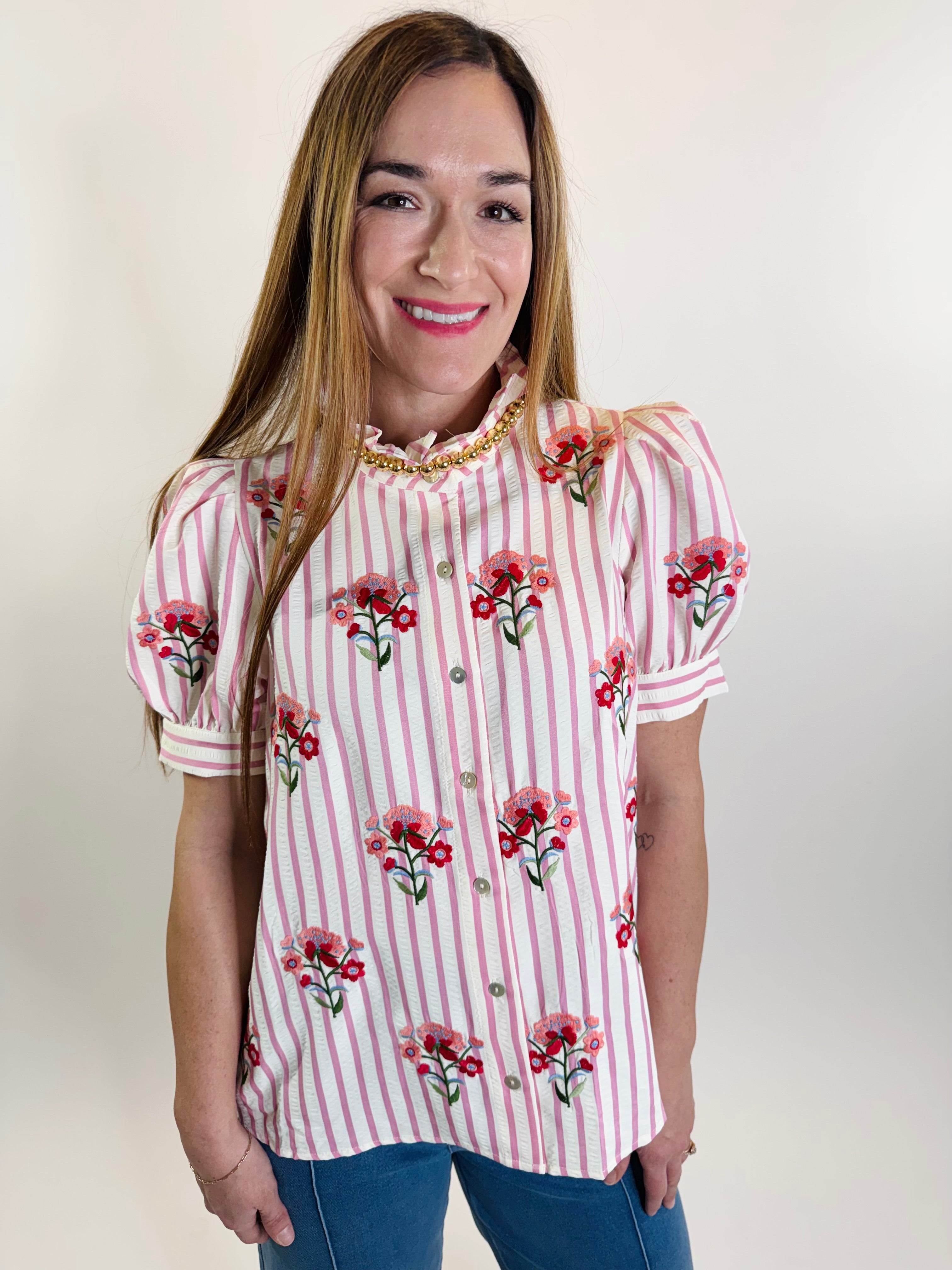 Floral Embroidery Striped Puff Sleeve Top