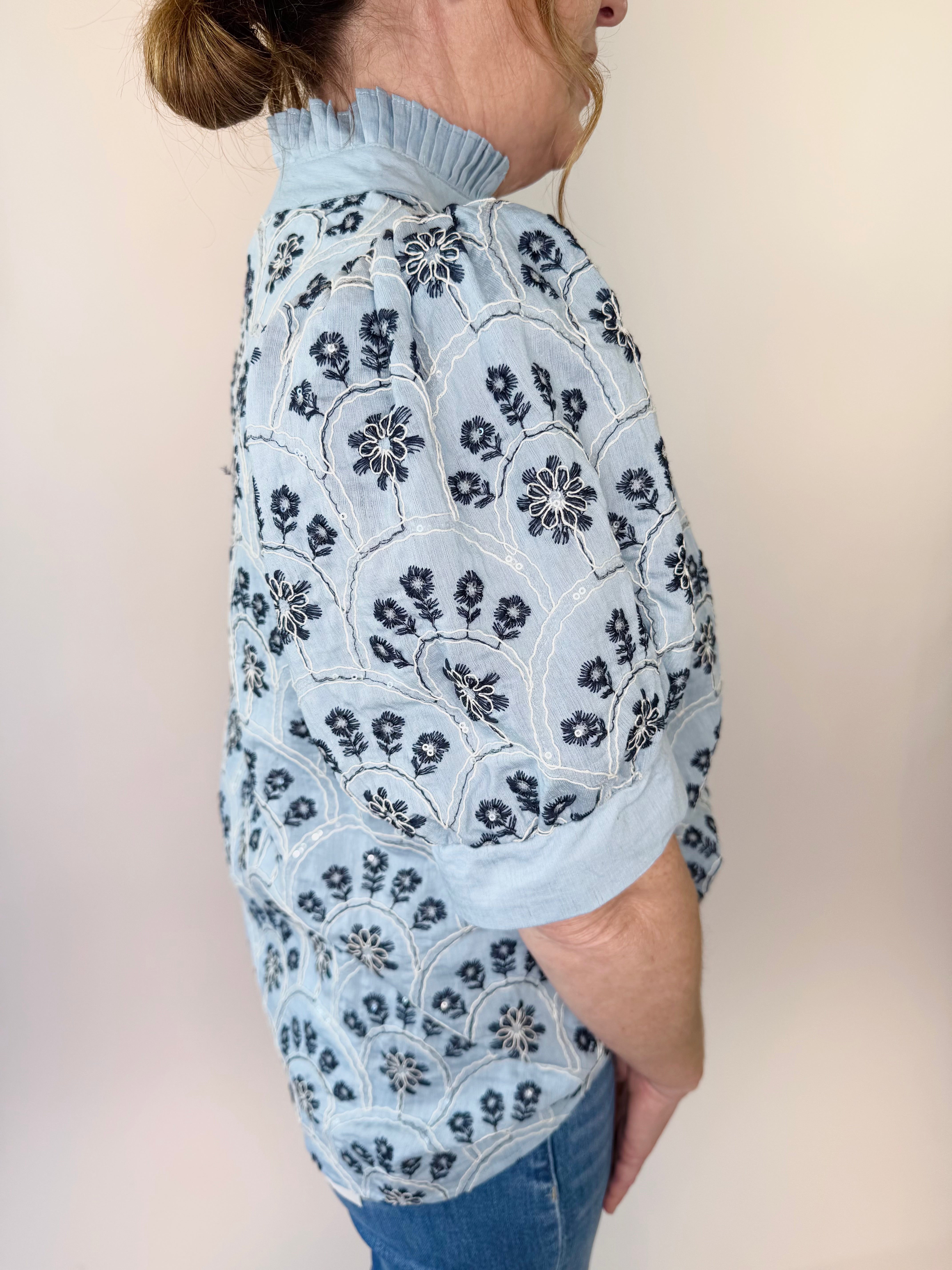 Botanical Sequin Puff Sleeve Top