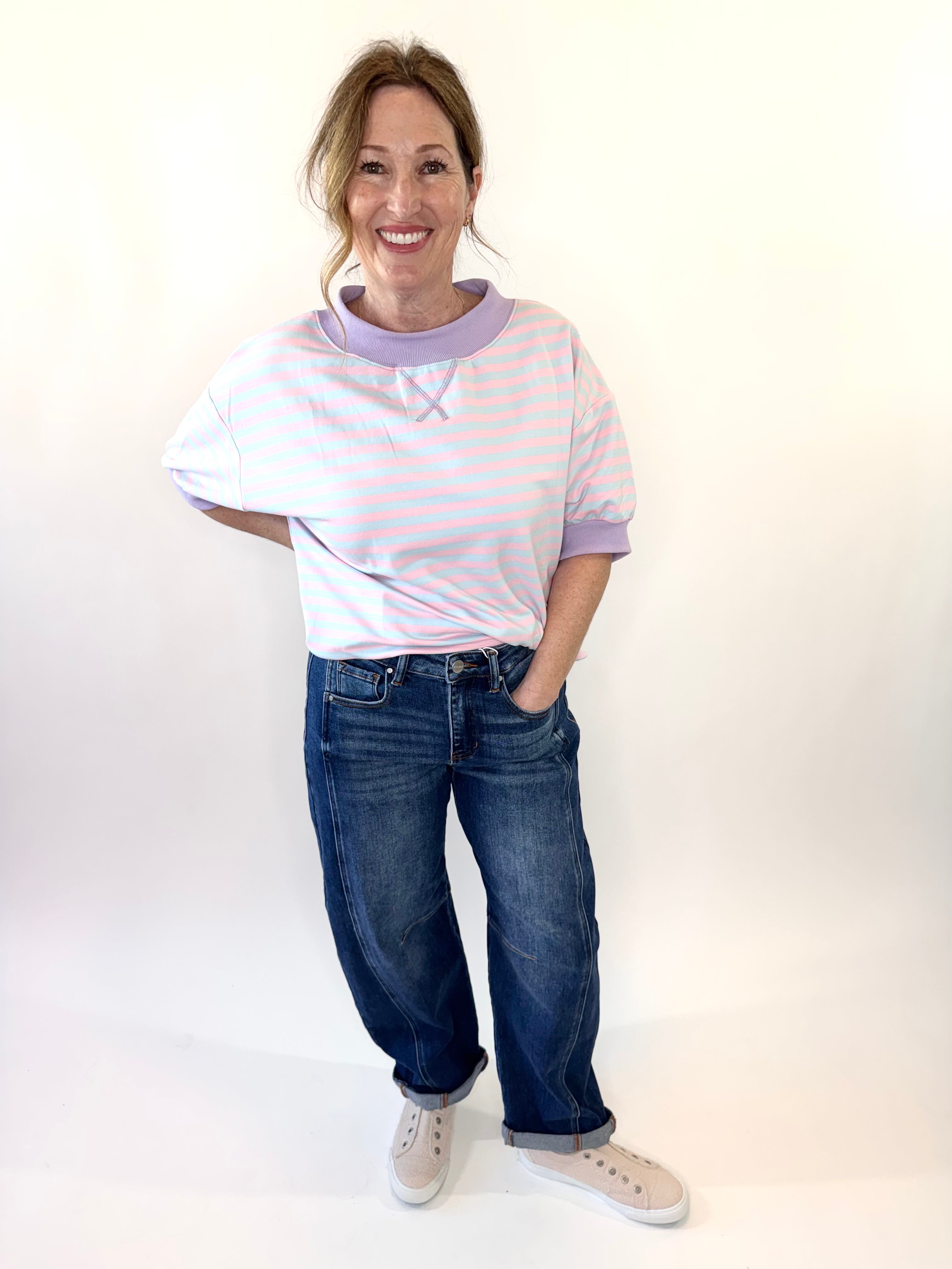Mock Neck Striped Lounge Sweatshirt w/ 3/4 Sleeves
