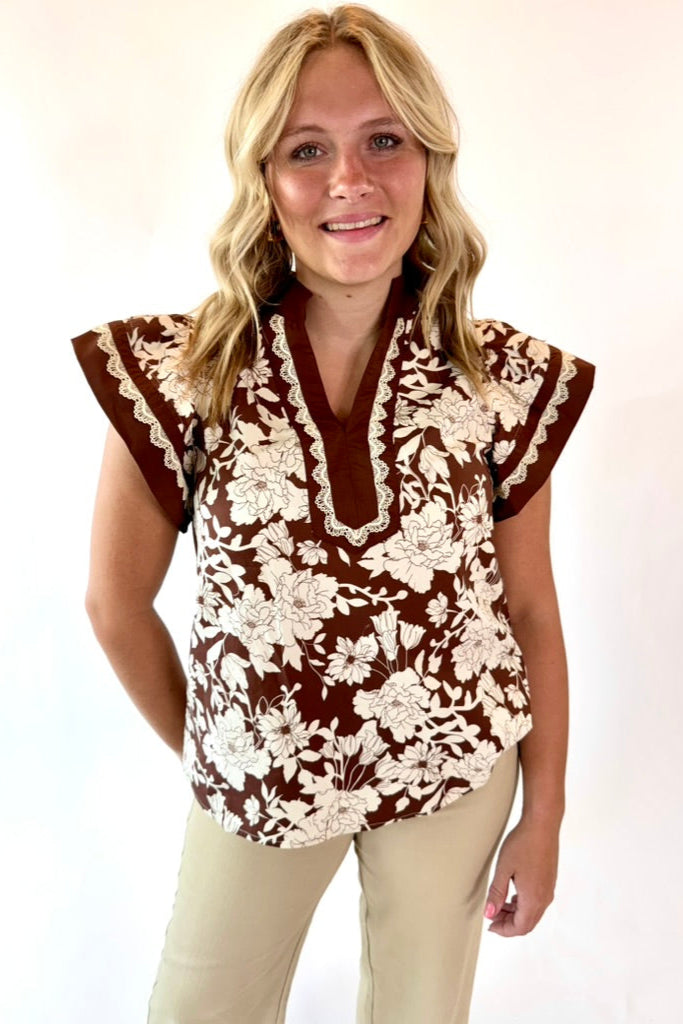 Floral Print Flutter Sleeve Top + Scallop Lace Trim