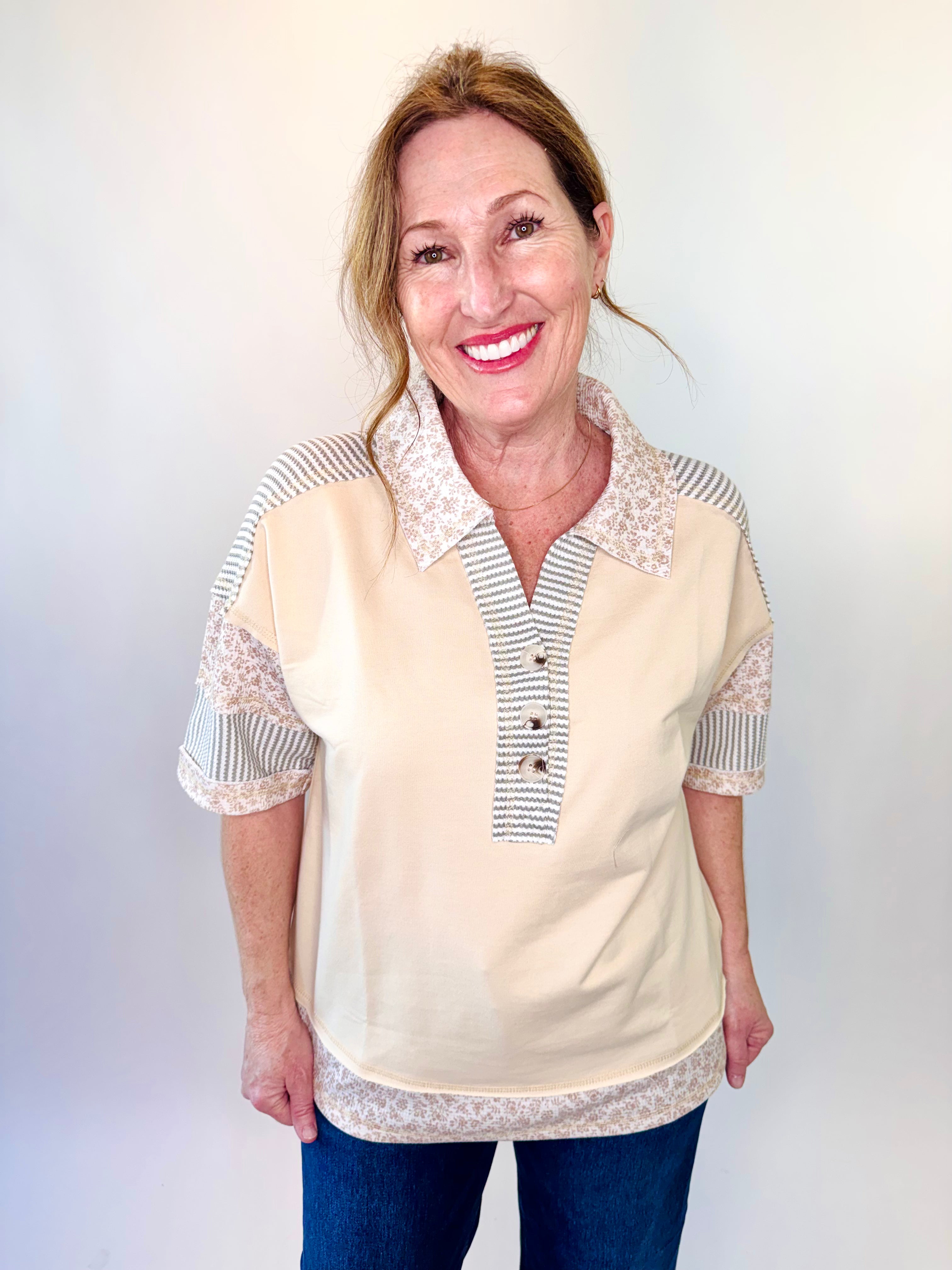 Oversized Half Button Down Collared Knit Top
