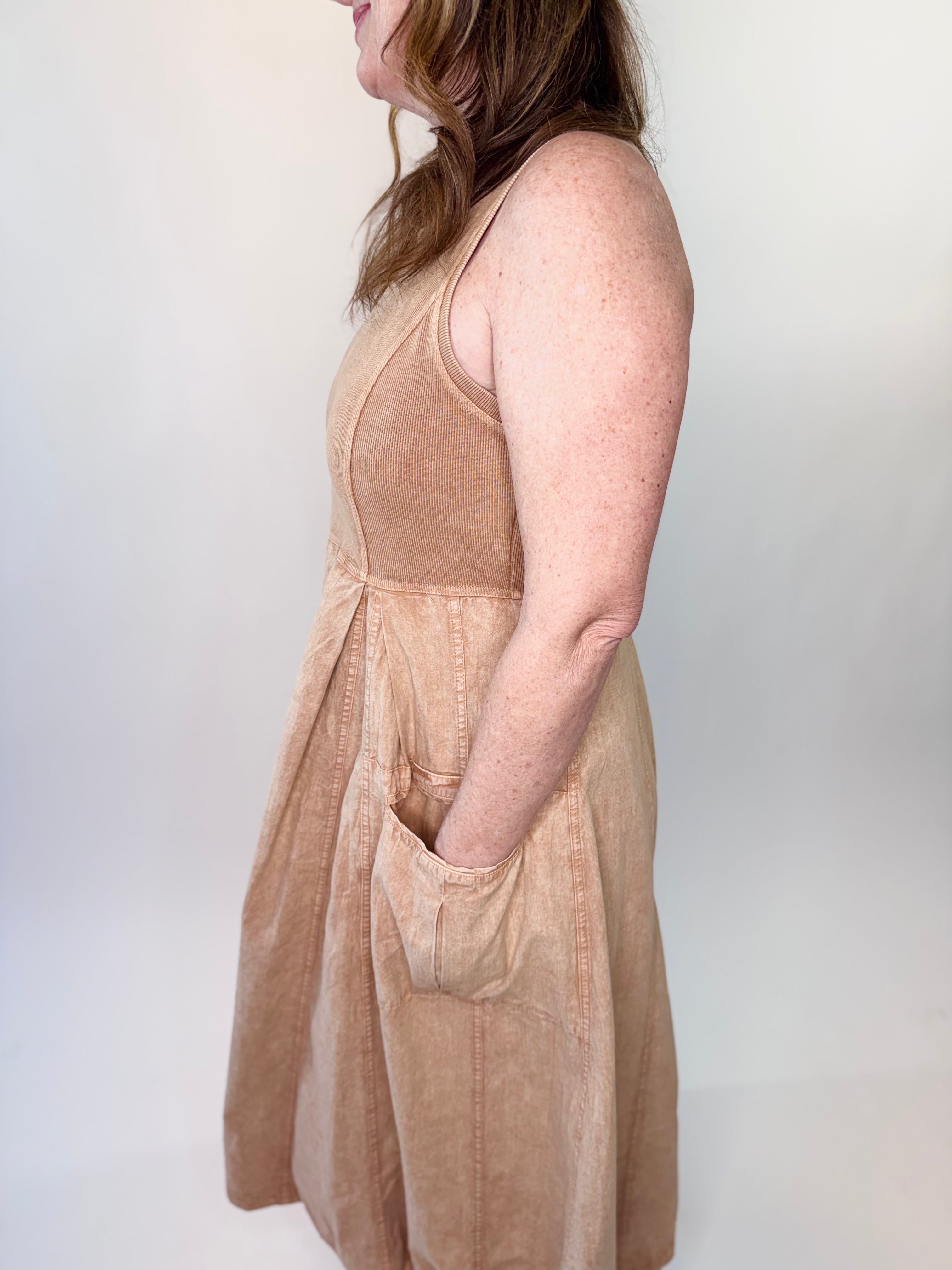 Mineral Washed Rib Knit Cargo Midi Dress