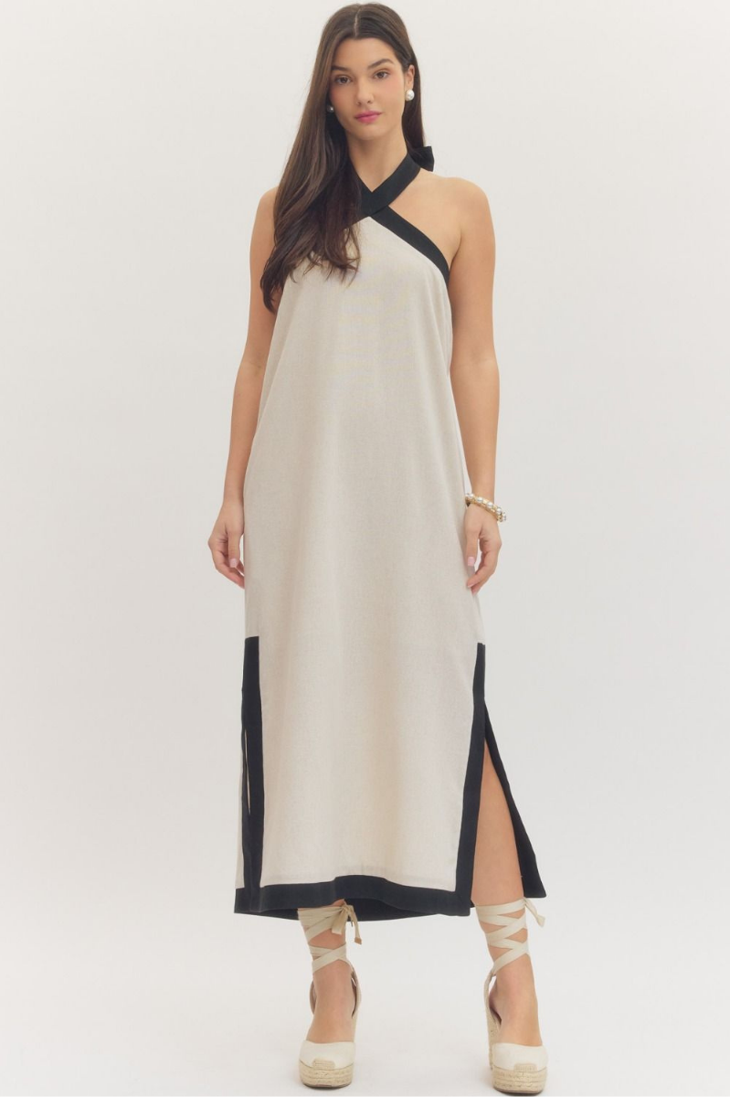 Contrast Cross Halter Midi Dress