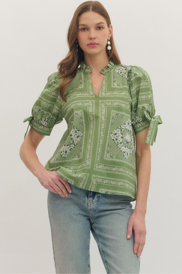 Printed Puff Sleeve Tie Detail Top