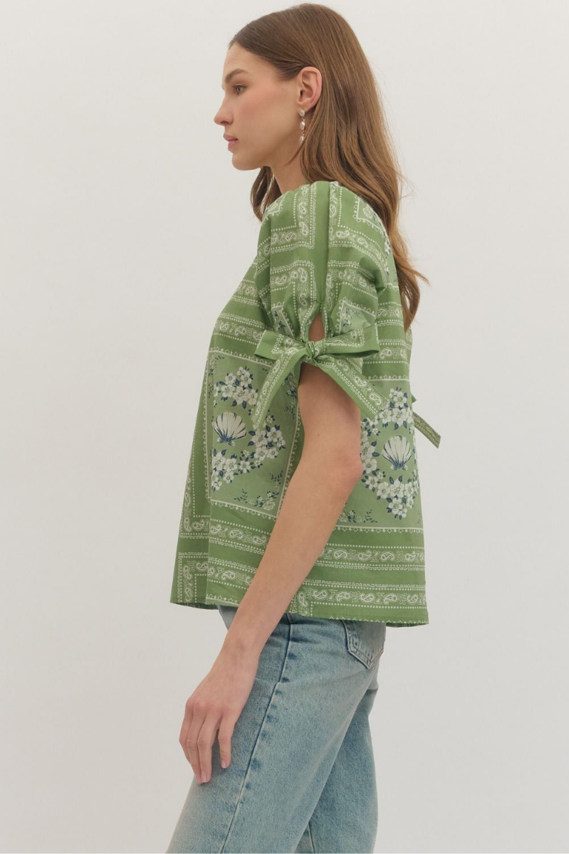Printed Puff Sleeve Tie Detail Top