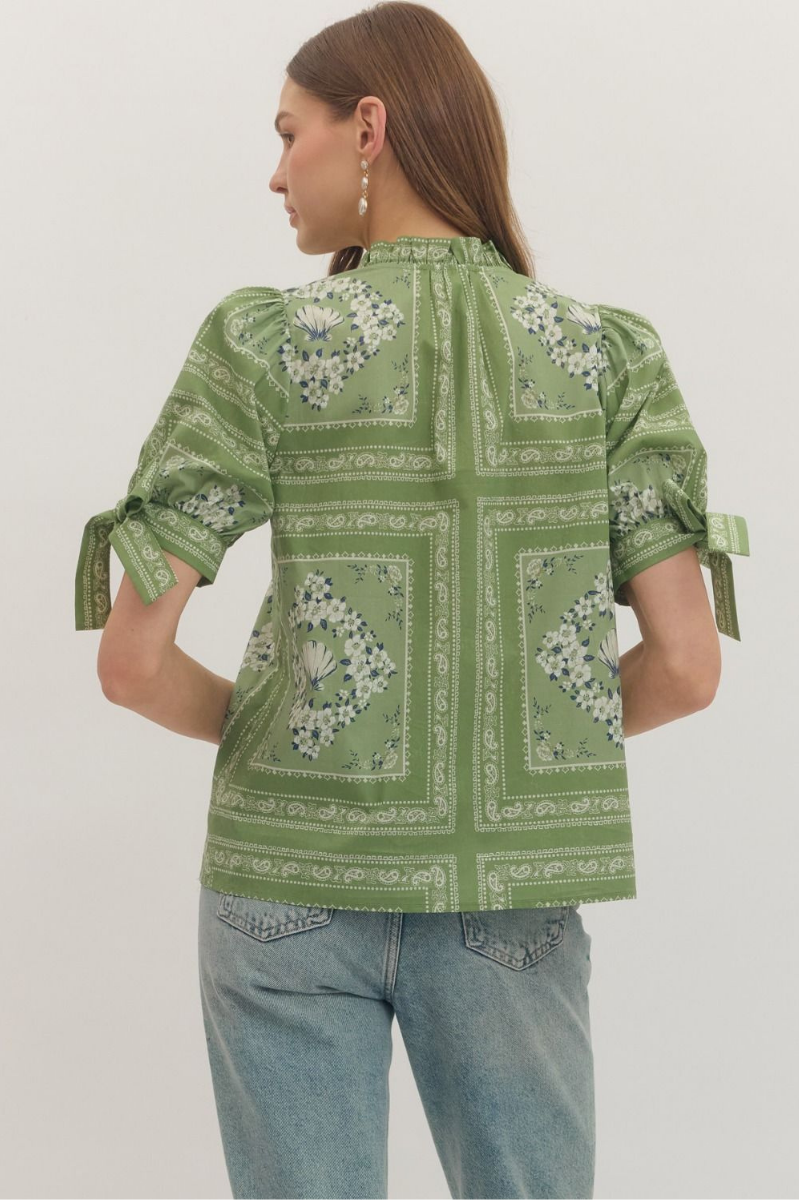 Printed Puff Sleeve Tie Detail Top