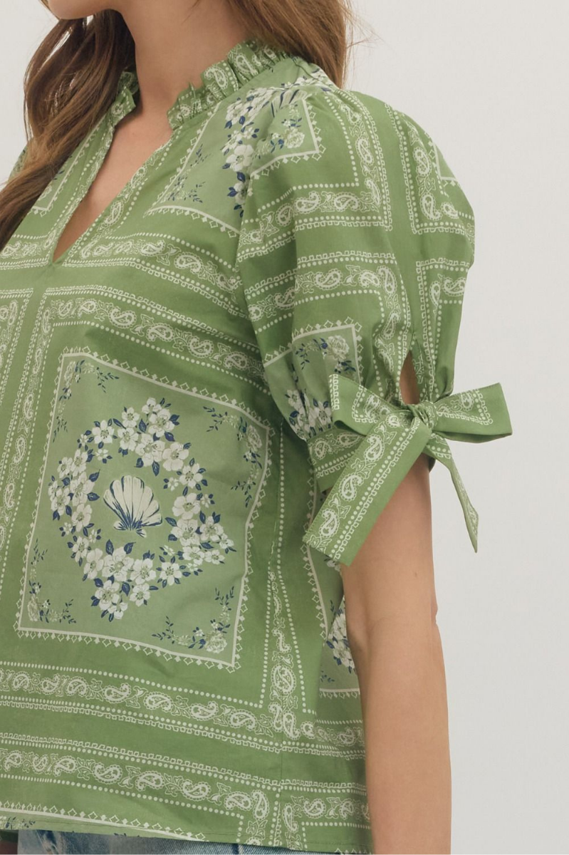 Printed Puff Sleeve Tie Detail Top
