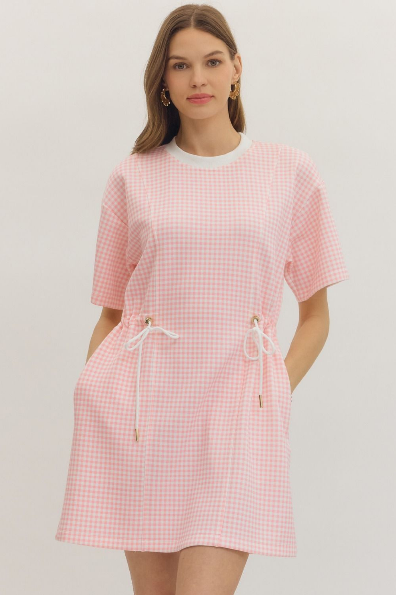 Check Print Drawstring Waist Mini Dress