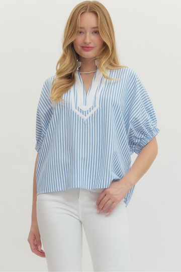 Striped Dolman Sleeve Contrast V-Neck Top