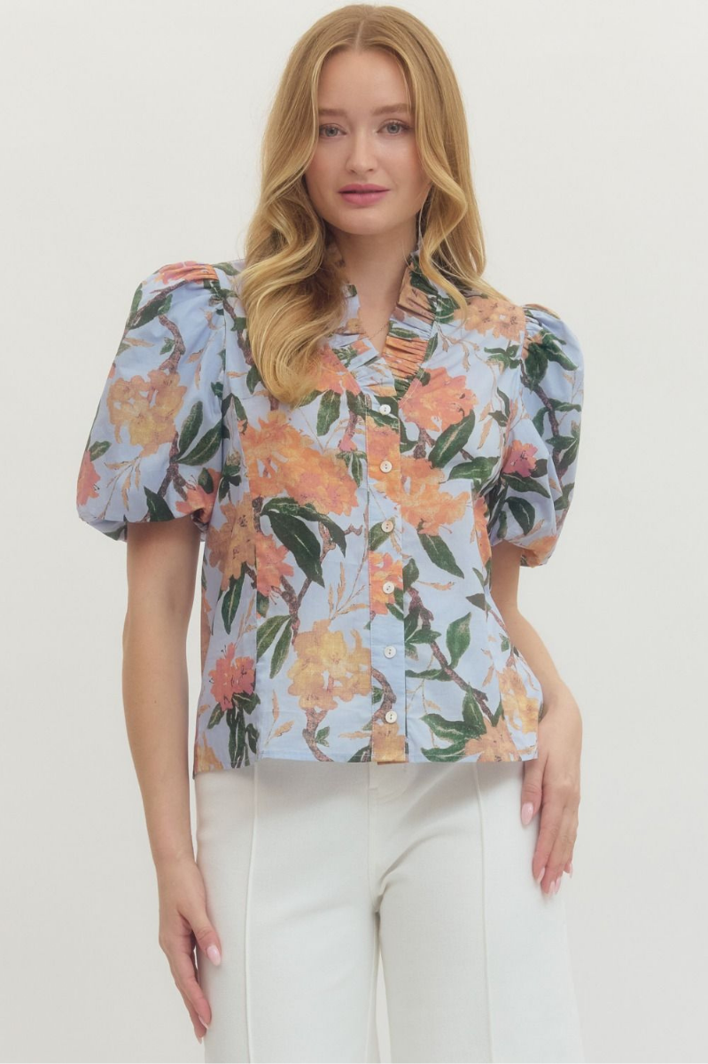 Floral Print Ruffle Collar Button Top