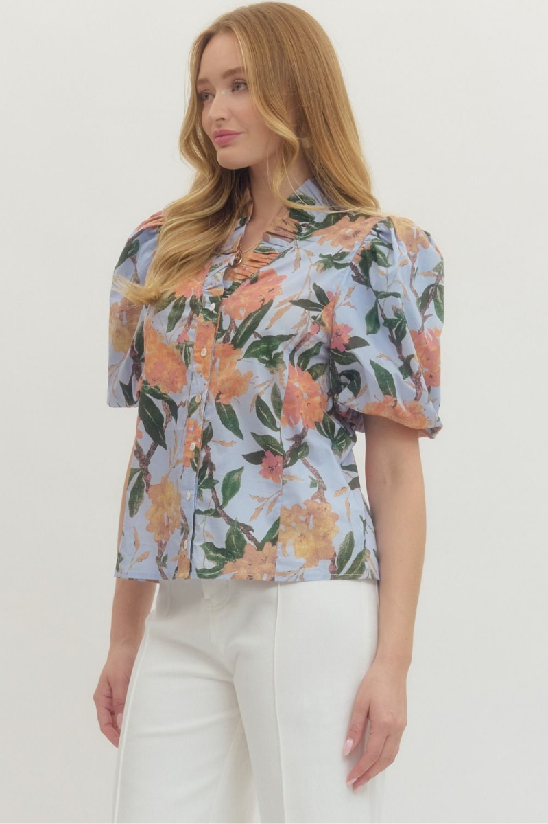 Floral Print Ruffle Collar Button Top