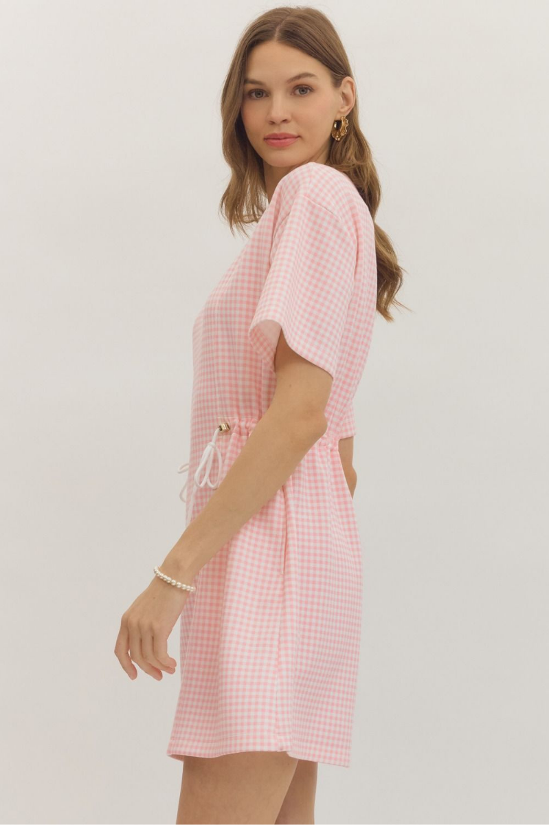 Check Print Drawstring Waist Mini Dress