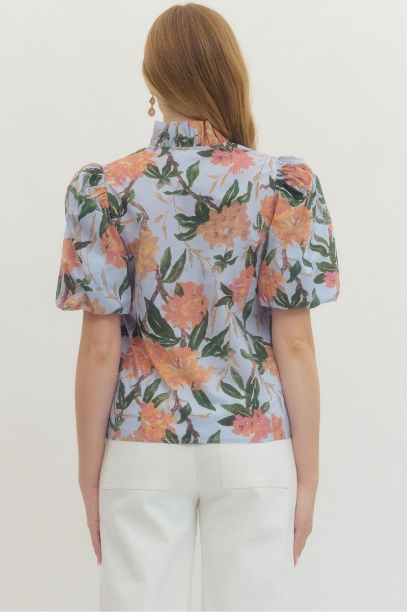 Floral Print Ruffle Collar Button Top