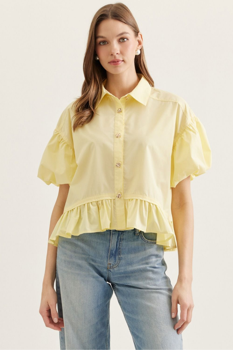 Ruffle Hem Button Front Puff Sleeve Top
