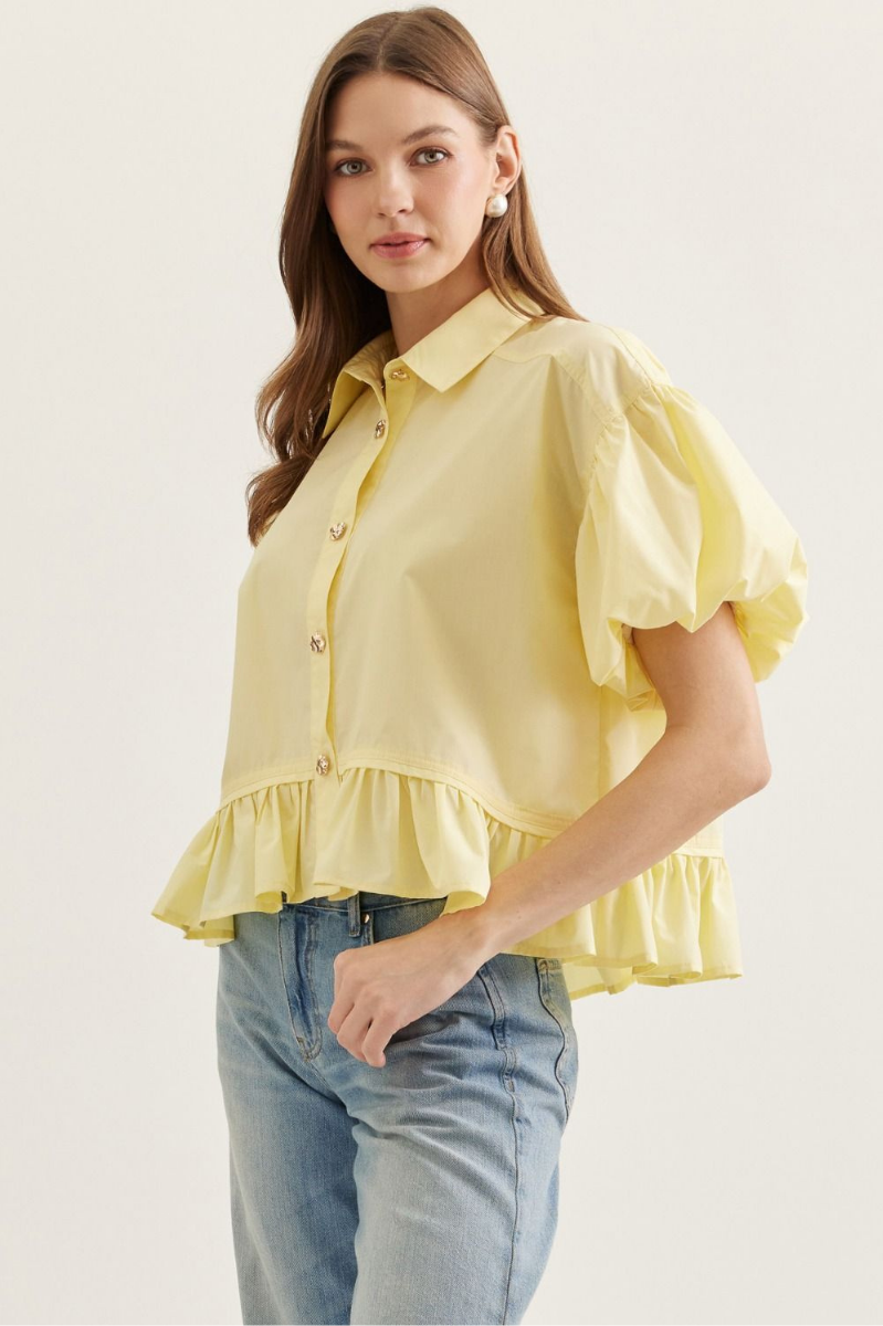 Ruffle Hem Button Front Puff Sleeve Top