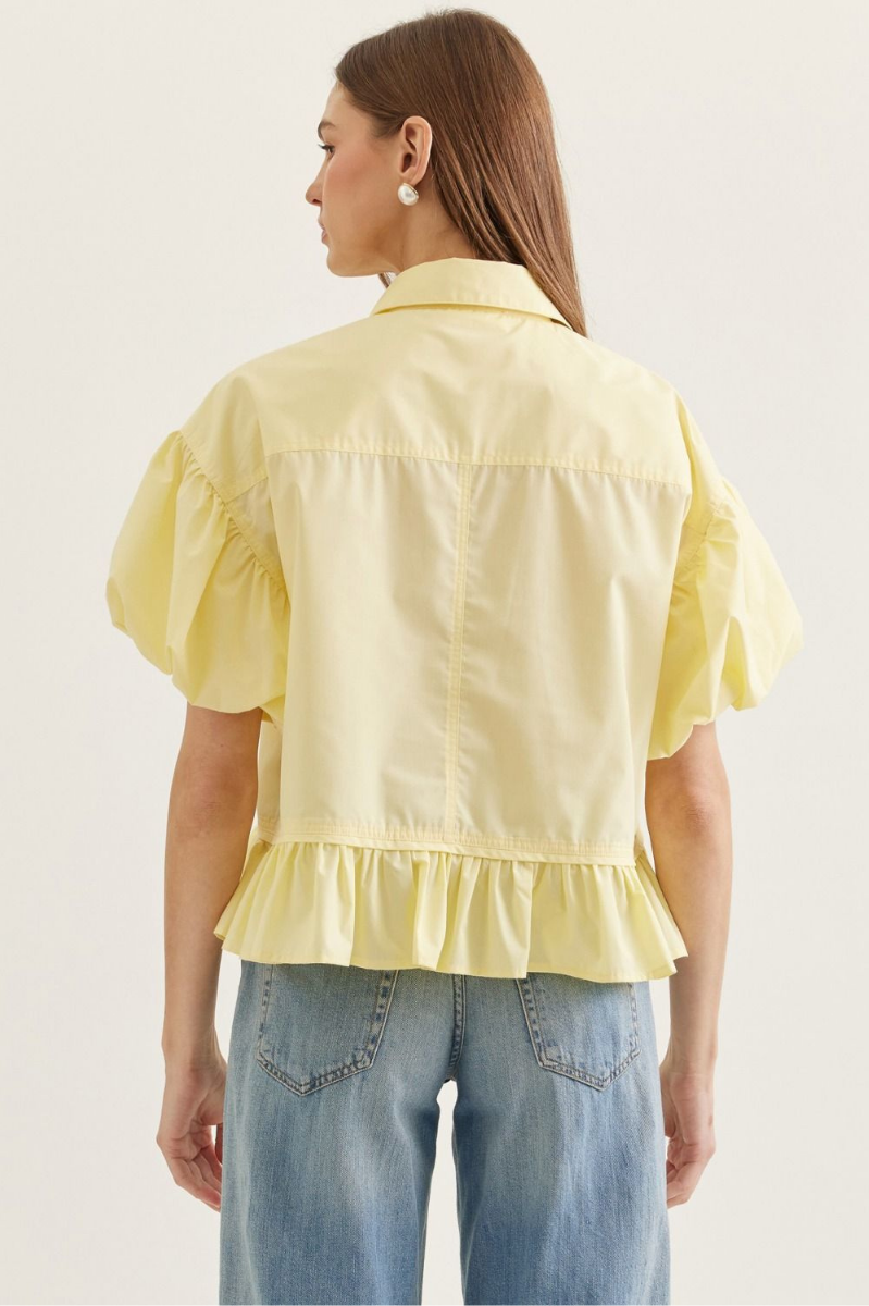 Ruffle Hem Button Front Puff Sleeve Top