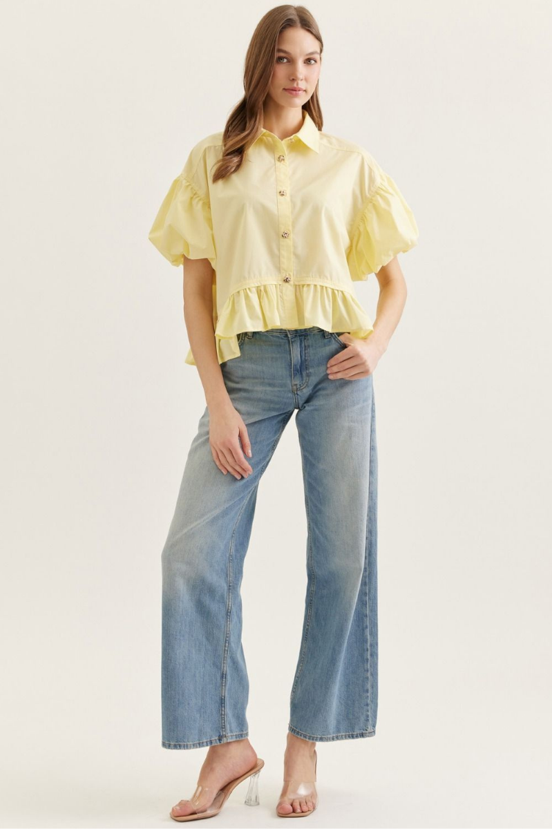 Ruffle Hem Button Front Puff Sleeve Top