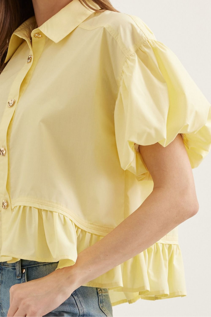 Ruffle Hem Button Front Puff Sleeve Top