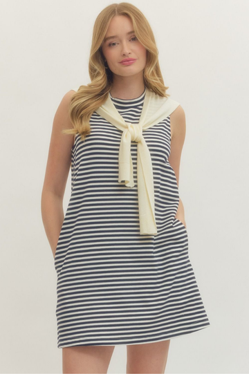 Striped Sleeveless Scarf Tie Mini Dress