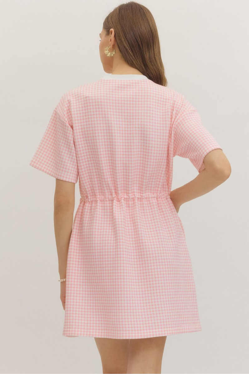 Check Print Drawstring Waist Mini Dress