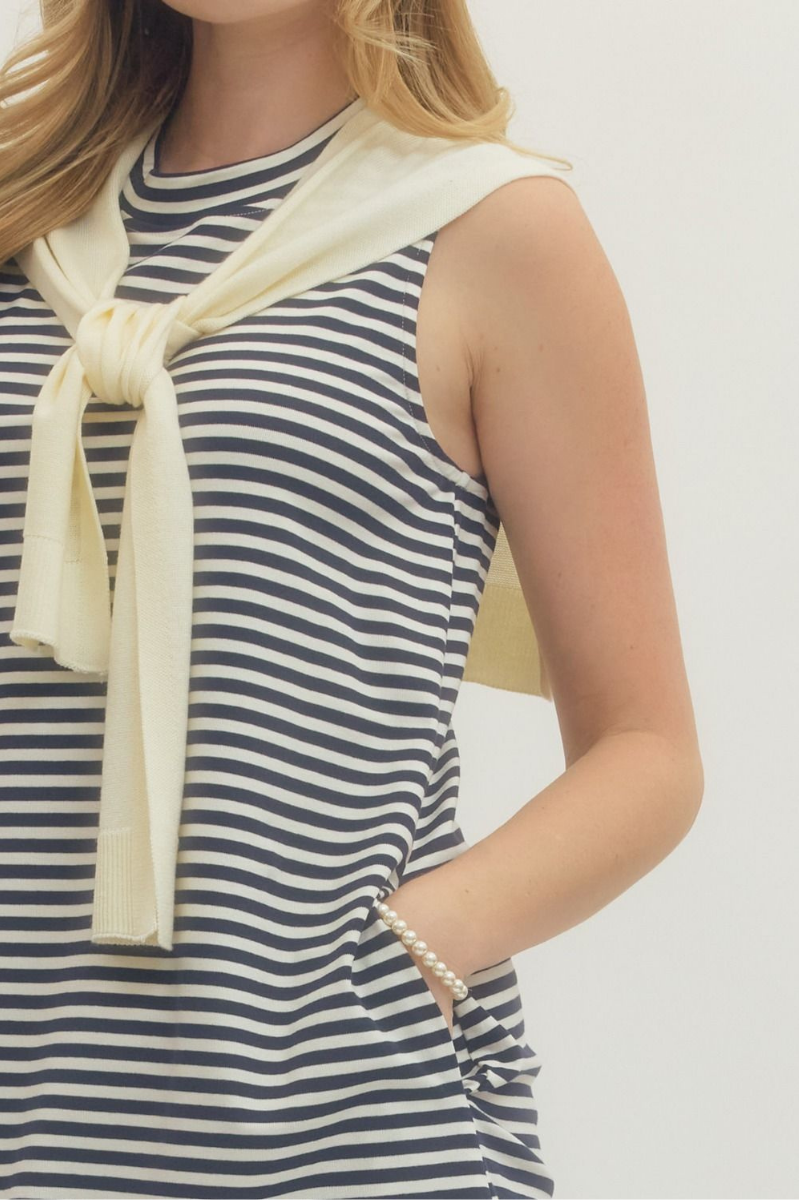 Striped Sleeveless Scarf Tie Mini Dress